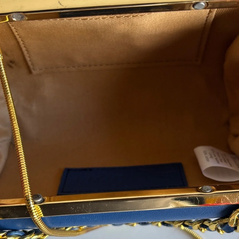 Chic Blue Pill Clutch with Gold Chain Accent